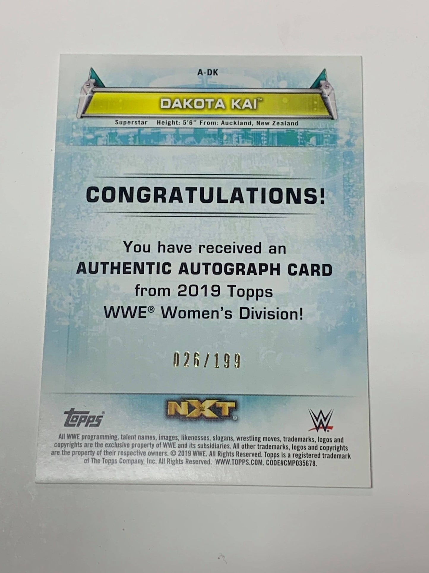Dakota Kai 2019 WWE NXT Woman’s Division Auto #26/199