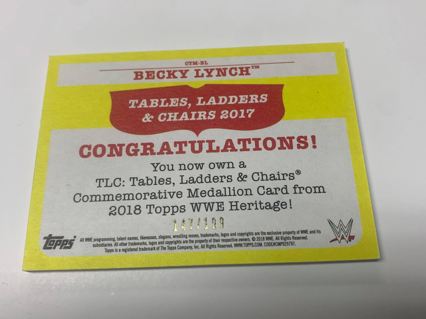 Becky Lynch 2018 WWE Topps Heritage T.L.C. Commemorative Medallion#/199