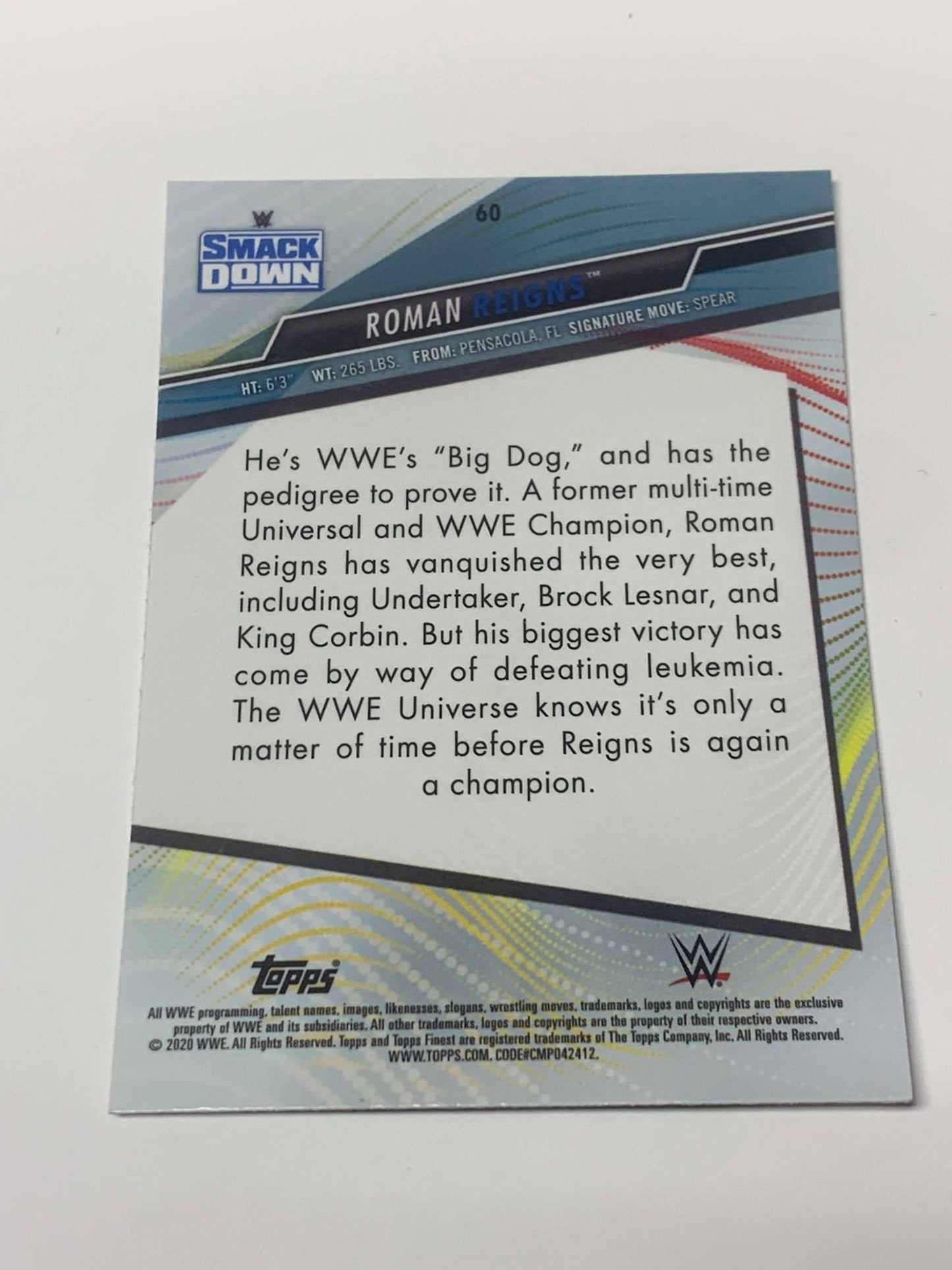 Roman Reigns 2020 WWE Topps Finest Card #60