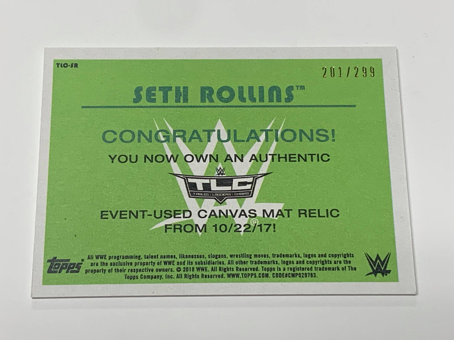 Seth Rollins 2018 Topps WWE TLC Event-Used Canvas Mat Relic Card #/299