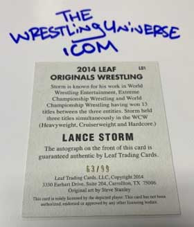 Lance Storm Signed “On Card” 2014 Leaf Card #’ed 63/99