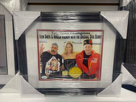 Iron Sheik, Sunny & Nikolai Volkoff SIGNED Framed Photo JSA COA