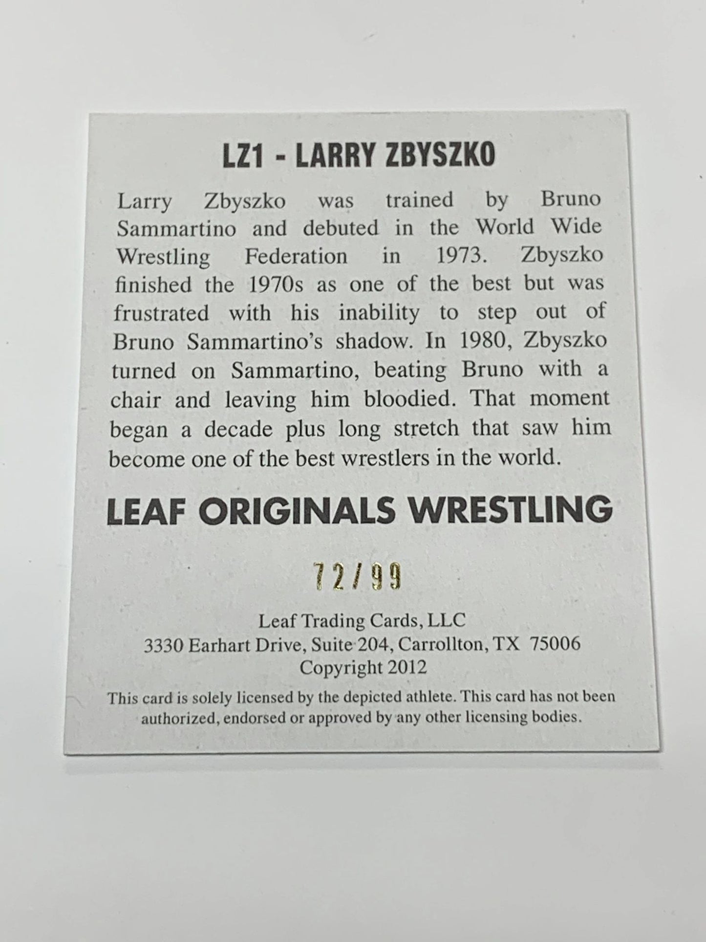 Larry Zbyszko 2012 Leaf Original Signed Card #72/99